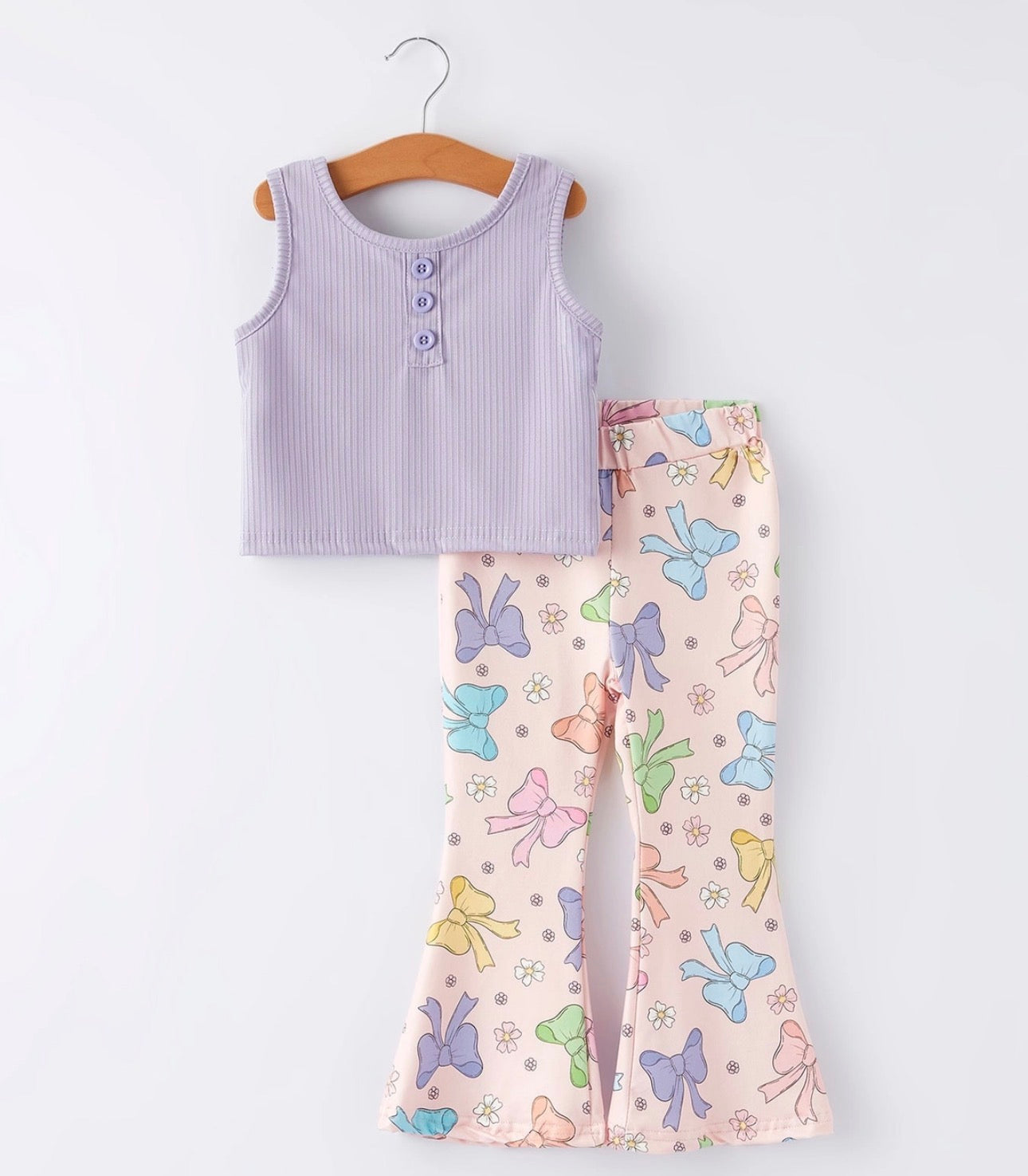 Girls Purple Top Bow Floral Print Bell Bottom Pants Set