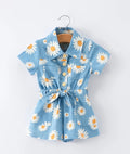 Spring Daisy Print Girls Blue Denim Jumpsuit