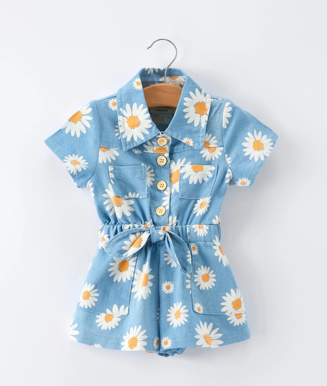 Spring Daisy Print Girls Blue Denim Jumpsuit