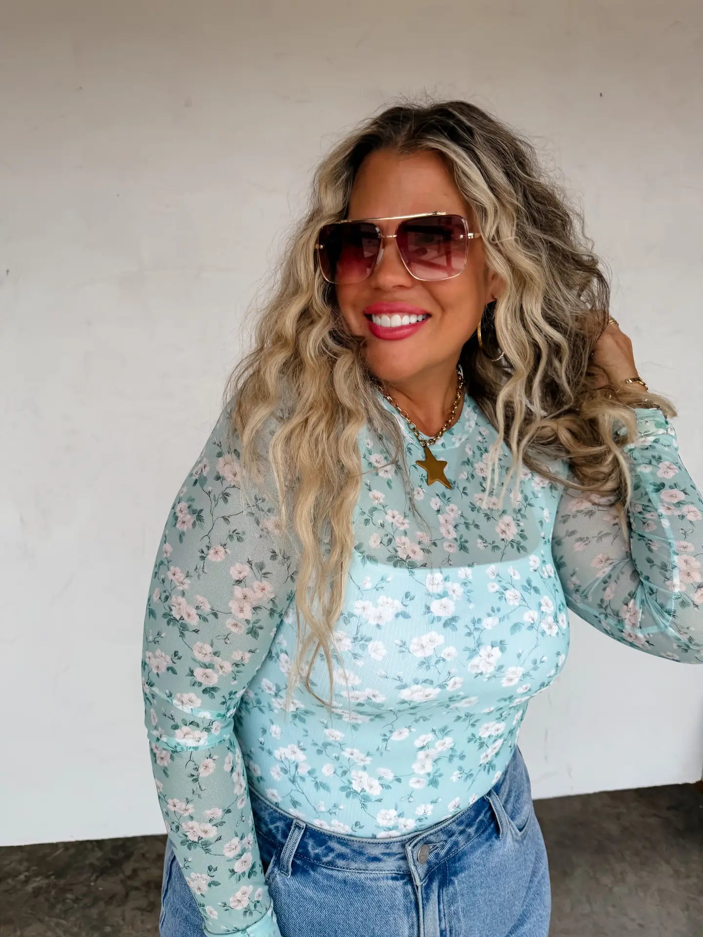 Sage Floral Mesh Top